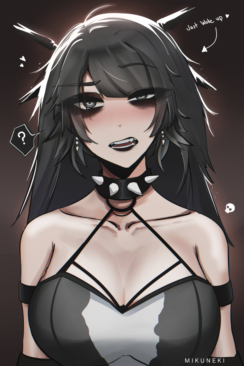 1girl ? absurdres arm_strap artist_name black_collar black_eyeshadow black_hair black_lips breasts cleavage collar collarbone copyright_request earrings english_text eyeshadow highres jewelry long_hair makeup mikuneki open_mouth skull solo spiked_collar spikes spoken_question_mark teeth two-tone_dress upper_body