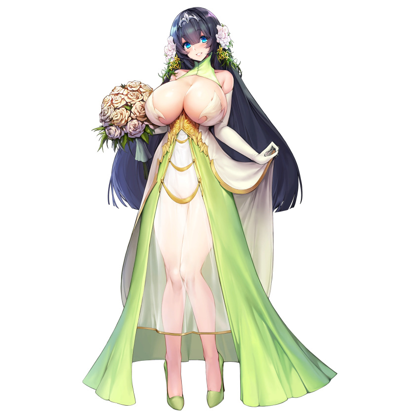 1girl bangs blue_eyes bouquet breasts bride circlet cleavage dress elbow_gloves eyebrows_visible_through_hair flower full_body gloves hair_between_eyes hair_flower hair_ornament high_heels highres huge_breasts last_origin long_hair looking_at_viewer mole mole_under_eye oberonia_rhea official_art see-through smile snowball22 solo tachi-e very_long_hair wedding_dress white_gloves