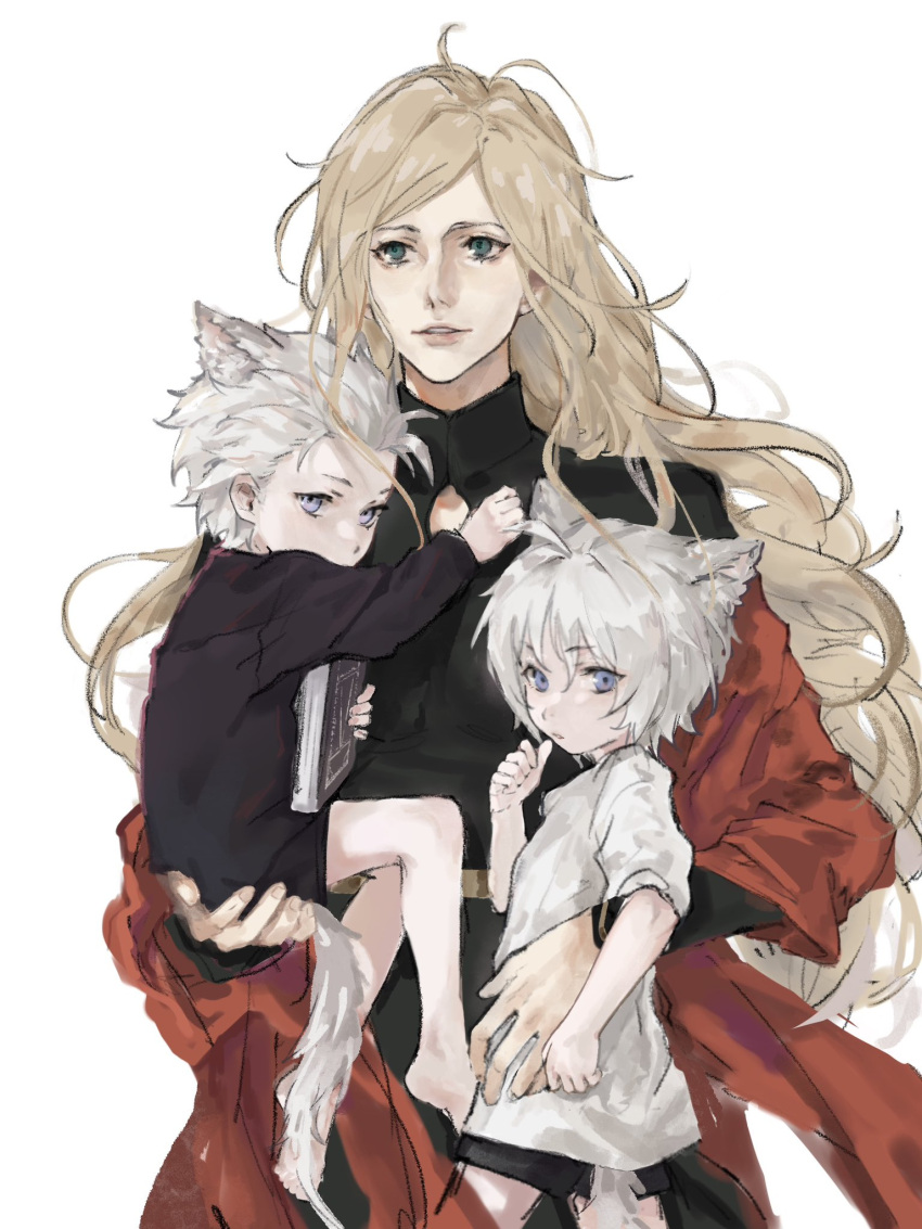 1girl aged_down animal_ears blonde_hair blue_eyes blush brown_eyes closed_mouth dante_(devil_may_cry) devil_may_cry_(series) dress eva_(devil_may_cry) family hair_slicked_back highres hj_0547 holding long_hair male_focus mother_and_son multiple_boys parent_and_child shorts siblings smile vergil_(devil_may_cry) white_background white_hair
