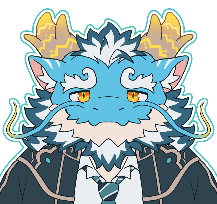 1boy absurdres animal_ear_fluff aqua_hair aqua_skin beard chibi closed_mouth coat dragon_boy dragon_horns facial_hair full_beard furry furry_male highres horns huge_eyebrows looking_at_viewer male_focus mature_male multicolored_hair necktie open_clothes open_coat outline portrait qinglong_(housamo) shirt slit_pupils solo striped_necktie thick_beard tokyo_afterschool_summoners two-tone_beard two-tone_hair white_background white_hair white_shirt yed_(yedsilent) yellow_eyes