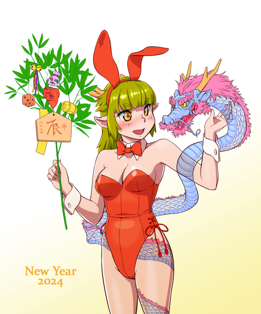 1girl 2024 absurdres animal_ears bell blush bow bowtie breasts chinese_zodiac detached_collar dice dragon fake_animal_ears fang fukusuke_hachi-gou green_hair happy_new_year highres large_breasts leotard long_hair looking_to_the_side new_year open_mouth original playboy_bunny pointy_ears rabbit_ears solo strapless strapless_leotard wrist_cuffs year_of_the_dragon yellow_eyes
