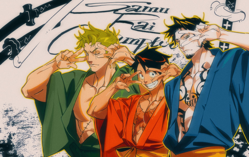 3boys arms_up black_eyes black_hair blue_kimono brown_hair chest_tattoo clenched_teeth collarbone colored_skin double_v earrings facial_hair from_side goatee green_eyes green_hair green_kimono haramaki highres japanese_clothes jewelry kimono kithwith_(kith_0121) male_focus monkey_d._luffy monochrome_background multiple_boys multiple_weapons one_eye_closed one_piece open_clothes open_kimono pectoral_cleavage pectorals red_kimono robe roronoa_zoro scar scar_across_eye scar_on_cheek scar_on_chest scar_on_face short_hair single_earring sword tattoo teeth toned toned_male trafalgar_law v weapon white_skin yellow_eyes yellow_robe yukata