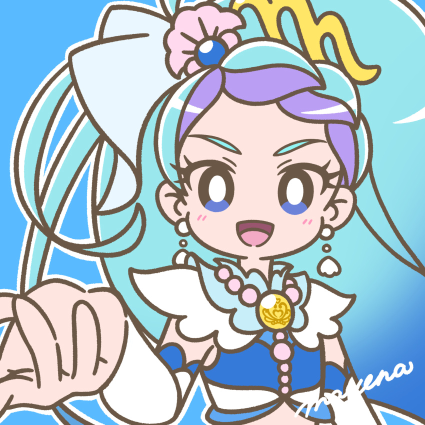 1girl blue_background blue_eyes blue_hair blush bright_pupils brooch cure_mermaid detached_sleeves earrings eyelashes go!_princess_precure gradient_hair highres jewelry kaidou_minami long_hair looking_at_viewer magical_girl mayena midriff multicolored_hair open_mouth outline outstretched_hand precure purple_hair shell shell_earrings simple_background smile solo streaked_hair two-tone_hair upper_body very_long_hair white_outline white_pupils