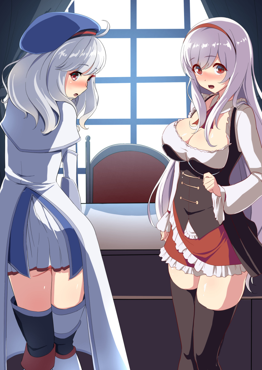 2girls ahoge alicia_(sennen_sensou_aigis) anna_(sennen_sensou_aigis) bangs beret black_legwear blush dress hairband hat highres looking_at_viewer multiple_girls open_mouth pinafore_dress red_eyes sakamata sennen_sensou_aigis siblings silver_hair sisters skirt smile surprised thighhighs