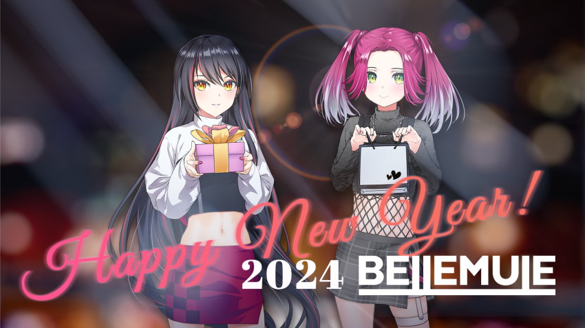 2024 2girls artist_request bag black_hair black_shirt black_skirt black_sweater blurry bokeh box closed_mouth colored_tips commentary cowboy_shot cropped_shirt denonbu depth_of_field english_commentary fishnet_top fishnets gift gift_box green_eyes hands_up happy_new_year highres holding holding_gift jewelry lico_(denonbu) light_rays long_hair long_sleeves looking_at_viewer midriff miniskirt multicolored_hair multiple_girls necklace official_art parted_bangs pink_hair pink_skirt second-party_source shirt shopping_bag shrug_(clothing) skirt smile standing streaked_hair sweater twintails very_long_hair yellow_eyes yuna_(denonbu)