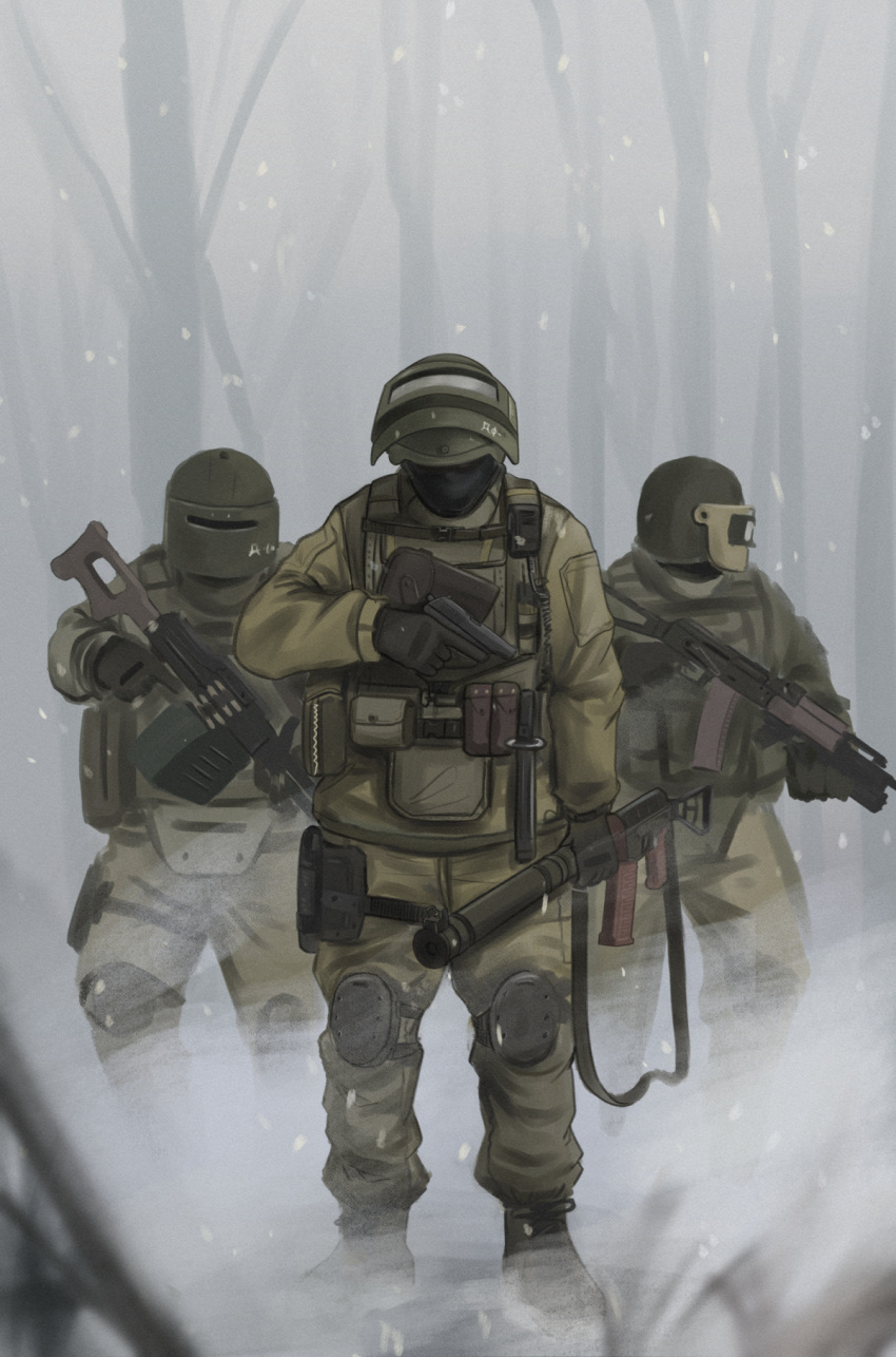 3boys ak-74 altyn_helmet ammunition_pouch as_val assault_rifle black_gloves boots brown_footwear combat_helmet english_commentary faceless faceless_male full_body gloves gp-25 green_jacket green_pants grenade_launcher gun gun_sling handgun helmet highres holding holding_weapon holster jacket kalashnikov_rifle knee_pads looking_at_viewer looking_down machine_gun makarov_pm military multiple_boys original outdoors pants parabellum pk_machine_gun plate_carrier pouch rifle russian_text snow solo_focus thigh_holster trigger_discipline underbarrel_grenade_launcher weapon