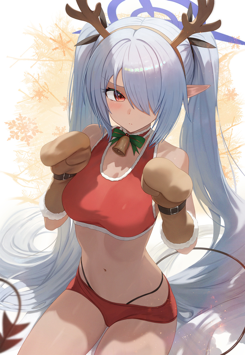 1girl antlers bell black_tail blue_archive blush breasts brown_mittens closed_mouth cowboy_shot dark-skinned_female dark_skin demon_tail grey_hair hair_over_one_eye halo highres iori_(blue_archive) long_hair looking_at_viewer melreon mittens navel neck_bell pointy_ears purple_halo red_eyes red_sports_bra reindeer_antlers small_breasts snowflakes solo sports_bra tail twintails