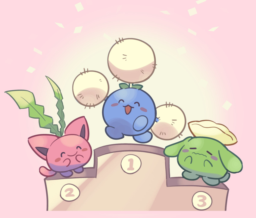 :d ^_^ animal_focus blush_stickers closed_eyes closed_mouth confetti cotton_ball flower fluffy frown hands_on_own_face highres hoppip jumping jumpluff loveycloud no_humans open_mouth pink_background podium pokemon pokemon_(creature) pokemon_gsc simple_background skiploom smile