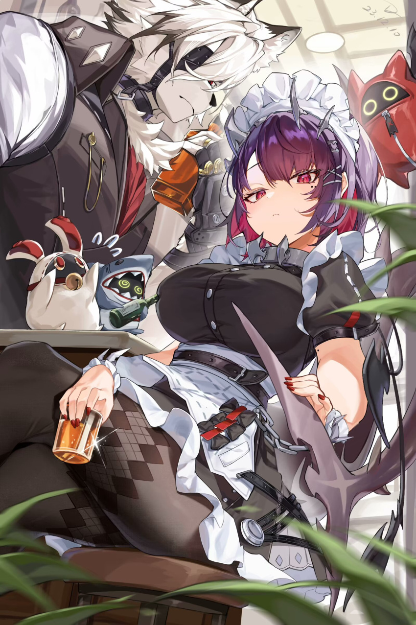 1boy 1girl absurdres alcohol animal_ears apron belt black_dress black_gloves black_vest bottle brown_thighhighs chain closed_mouth collared_vest colored_inner_hair crossed_legs cup dated dress drinking_glass ellen_(touhou) eyepatch fingerless_gloves flying_sweatdrops frown furry furry_male gloves hair_ornament hairclip highres holding holding_bottle holding_cup holding_own_tail longchuan looking_at_viewer maid_apron maid_headdress mole mole_on_arm mole_under_eye multicolored_hair one_eye_covered puffy_short_sleeves puffy_sleeves purple_hair red_eyes red_hair red_nails short_hair short_sleeves sitting stool tail thighhighs vest von_lycaon whiskey white_apron wolf_boy wolf_ears zenless_zone_zero