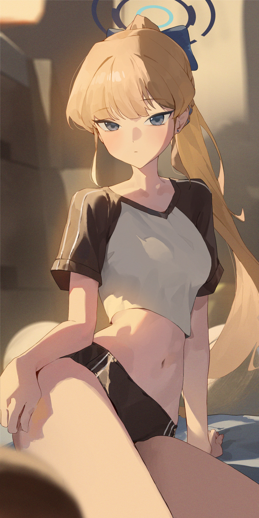 1girl absurdres alternate_costume bare_legs black_buruma blonde_hair blue_archive blue_eyes blush buruma cropped_shirt gym_storeroom halo highres kji_(rozo) long_hair looking_at_viewer navel ponytail raglan_sleeves sitting solo stomach toki_(blue_archive) two-tone_shirt very_long_hair