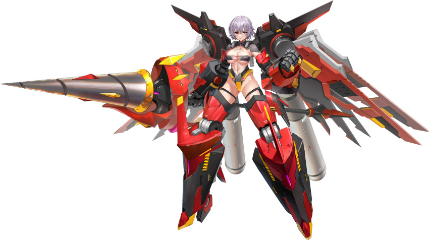 &gt;:( 1girl abs absurdres armor ass_visible_through_thighs bra breasts cleavage closed_mouth cross_scar full_body grey_hair groin_tendon highres holding holding_polearm holding_weapon huge_weapon large_breasts last_origin linea_alba lips looking_at_viewer mechanical_arms mechanical_legs mechanical_wings muscular muscular_female naked_armor navel official_alternate_costume official_art polearm power_armor red_eyes retsuna sarena_(last_origin) scar scar_on_chest scratches see-through_bra short_hair simple_background skindentation solo standing strapless strapless_bra tachi-e taesi third-party_source transparent_background underboob underwear v-shaped_eyebrows weapon wings