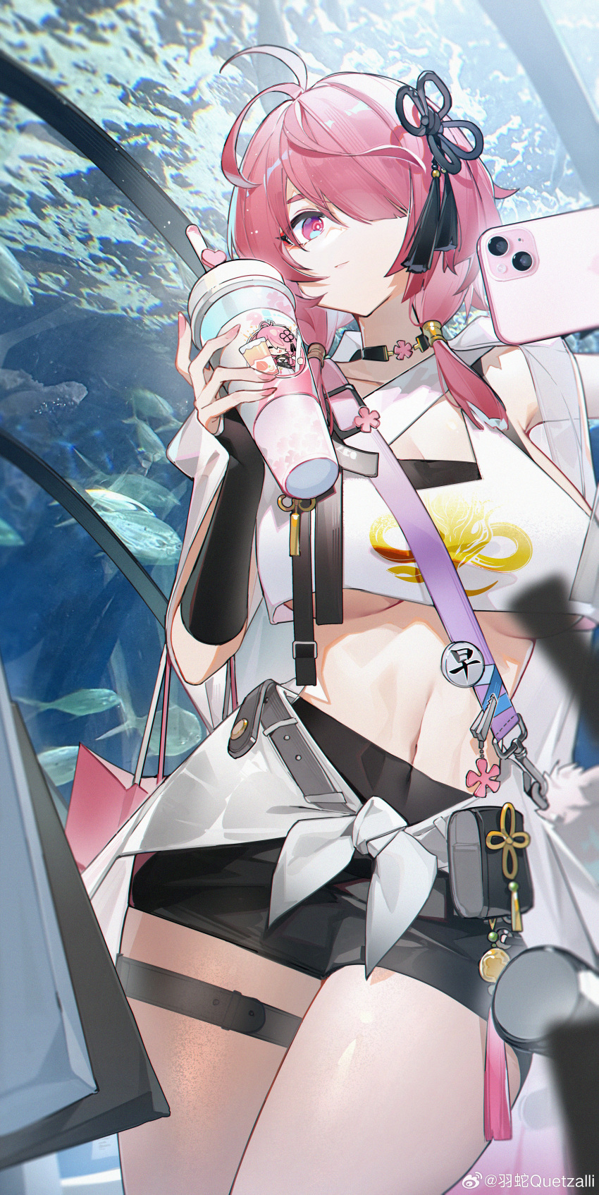 1girl absurdres alternate_costume arm_warmers bag black_choker black_shorts breasts casual cellphone choker cleavage closed_mouth commentary_request cowboy_shot cropped_shirt cup disposable_cup drink drinking_straw hair_ornament hair_over_one_eye hand_up highres holding holding_drink holding_phone long_hair looking_at_viewer navel phone pink_eyes pink_hair pink_nails pouch selfie shirt shopping_bag shorts shoulder_bag smartphone solo taoqi_(wuthering_waves) tassel tassel_hair_ornament thigh_strap underboob white_shirt wuthering_waves yushe_quetzalli