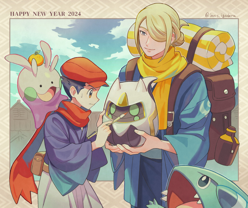 2024 2boys backpack bag black_hair blonde_hair brown_bag closed_mouth cloud commentary_request day gible goomy grey_eyes hair_bun happy_new_year hat highres holding holding_paintbrush jacket janis_(hainegom) male_focus multiple_boys outdoors paintbrush pokemon pokemon_(creature) pokemon_legends:_arceus red_headwear red_scarf rei_(pokemon) scarf short_hair sky smile sweatdrop volo_(pokemon)