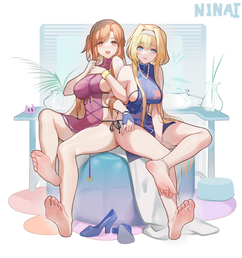 2girls alice_zuberg anklet asuna_(sao) bare_arms bare_legs bare_shoulders barefoot blonde_hair blue_dress blue_eyes bracelet braid braided_ponytail breasts brown_eyes brown_hair china_dress chinese_clothes dress earrings feet full_body gold_bracelet hair_intakes hairband high_heels highres holding_another's_arm jewelry legs long_hair looking_at_viewer multiple_girls necklace ninai no_bra no_panties open_mouth pearl_anklet pearl_necklace pelvic_curtain red_dress revealing_clothes sideboob sitting sleeveless soles sword_art_online sword_art_online:_alicization thighs toenails toes white_hairband yuri