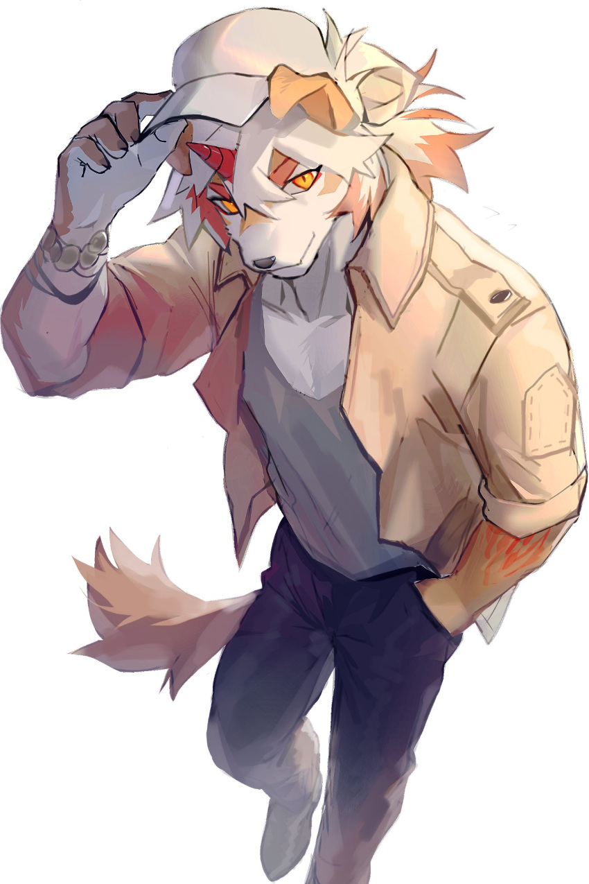 1boy arknights black_footwear black_pants bracelet brown_jacket from_above furry furry_male grey_shirt hand_in_pocket hashtag_only_commentary hat_tip highres horns hung_(arknights) jacket jewelry komainu_boy komainu_ears komainu_tail looking_at_viewer male_focus orange_eyes pants shabi96522 shirt single_horn sleeves_rolled_up smile white_background