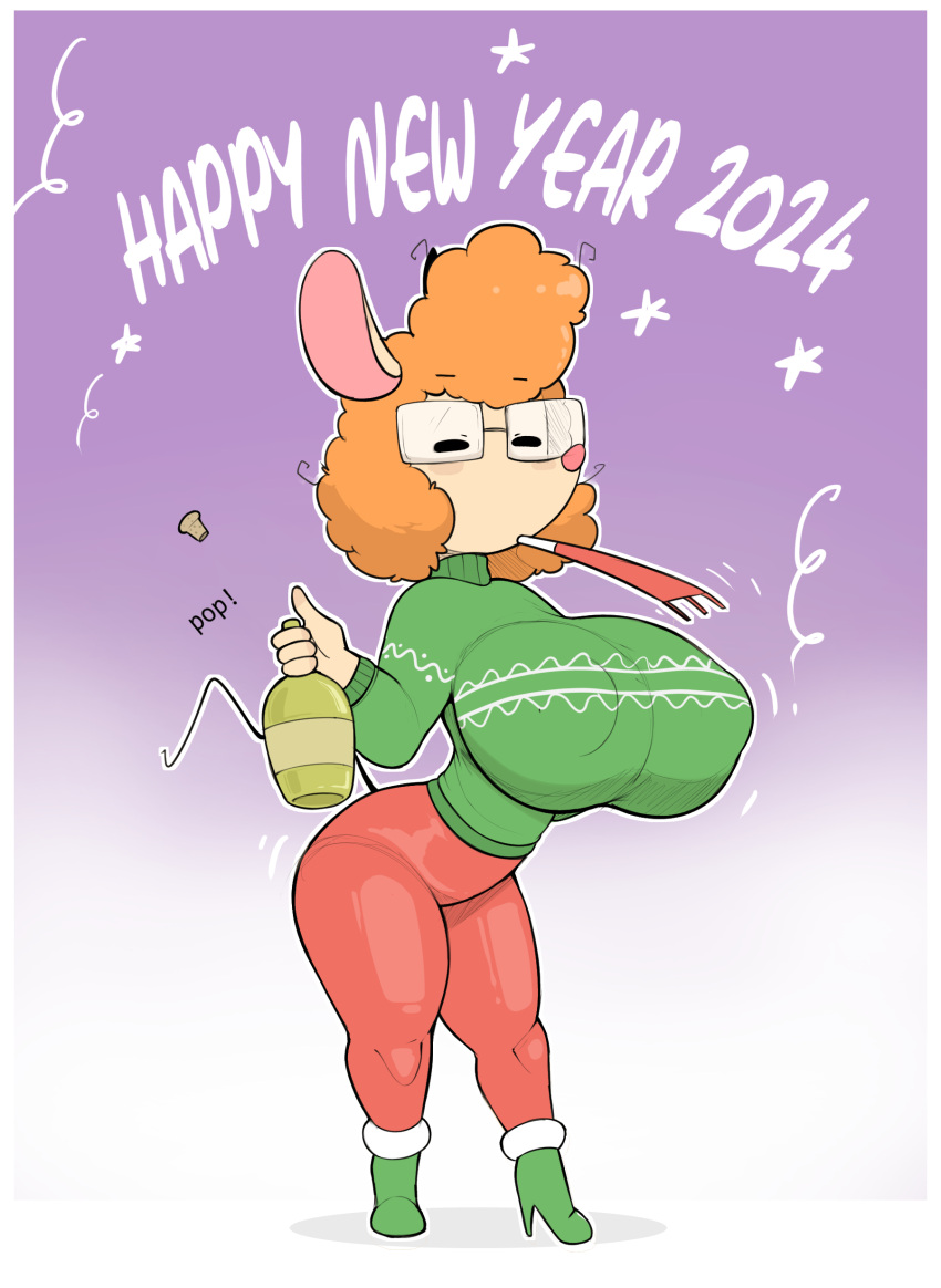 absurd_res anthro big_breasts breasts clothed clothing english_text eyes_closed eyewear female footwear glasses hi_res high_heels huge_breasts mammal mouse murid murine new_year_2024 nipple_outline rodent simple_background solo standing text usnarbit