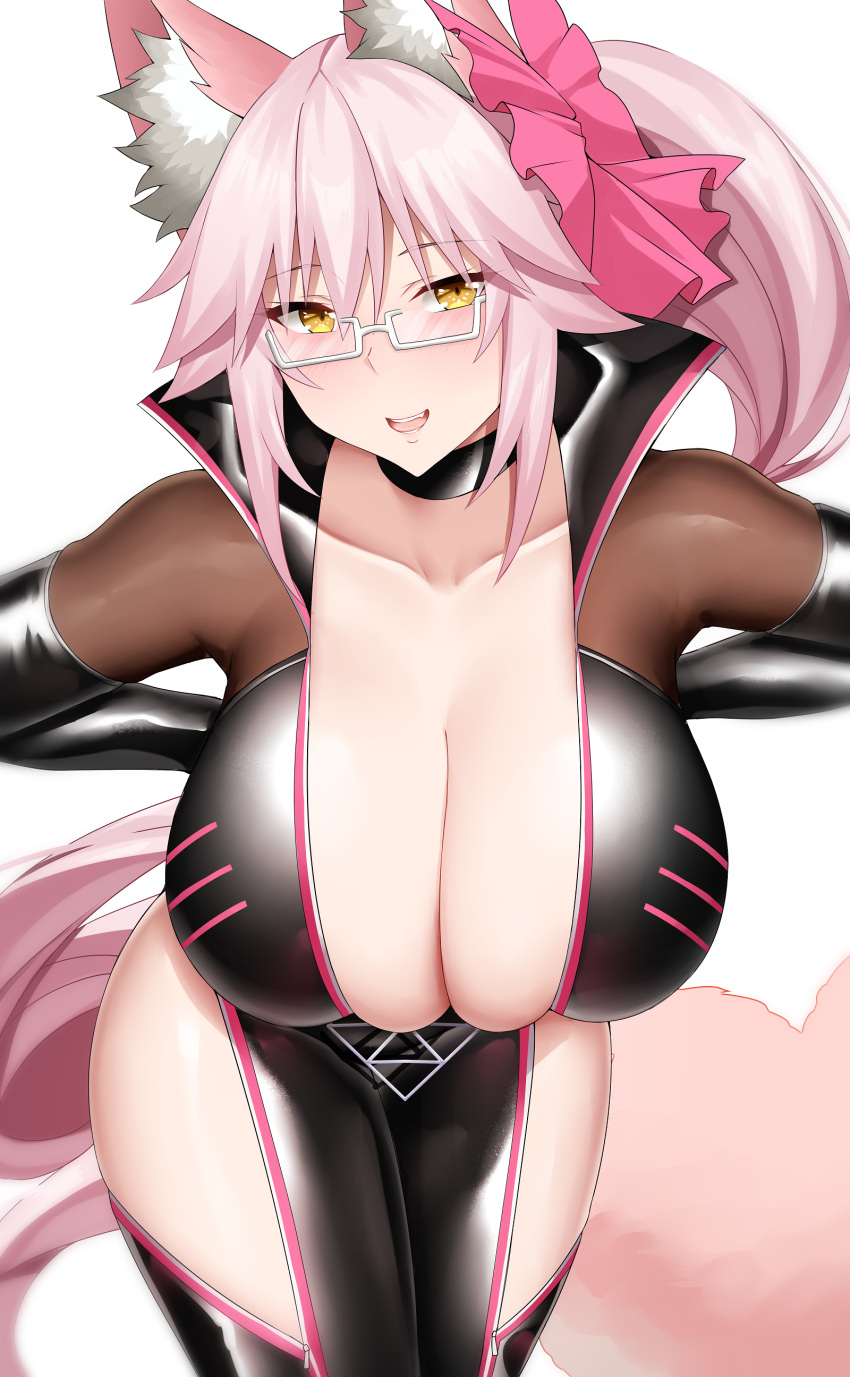 1girl :d absurdres animal_ear_fluff animal_ears arind_yudha black_bodysuit black_gloves blush bodysuit breasts cleavage collarbone elbow_gloves fate/grand_order fate_(series) fox_ears fox_girl glasses gloves hair_ribbon highres hip_vent koyanskaya_(assassin)_(first_ascension)_(fate) koyanskaya_(fate) large_breasts long_hair looking_at_viewer open_mouth pink_hair pink_ribbon ponytail ribbon simple_background smile solo tamamo_(fate) thighs white_background yellow_eyes