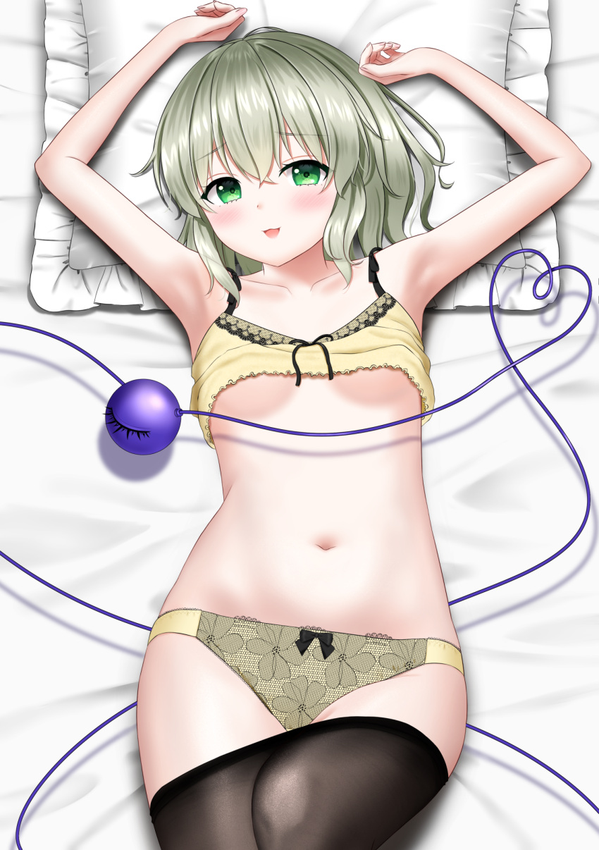 1girl :3 alternate_costume armpits arms_up black_pantyhose blush bow bow_panties breasts casual clothes_lift clothes_pull collarbone commentary_request commission cowboy_shot drop_shadow eyelashes floral_print from_above green_eyes green_hair hair_between_eyes head_on_pillow heart heart_of_string highres knee_up komeiji_koishi looking_at_viewer lying medium_hair navel no_bra no_headwear nyanyanoruru on_back open_mouth panties pantyhose pantyhose_pull pillow pixiv_commission shirt shirt_lift sleeveless sleeveless_shirt small_breasts smile solo stomach third_eye touhou underboob underwear variant_set yellow_panties yellow_shirt