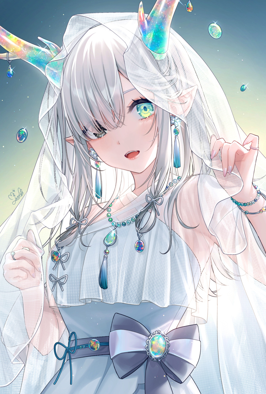 1girl :d absurdres antlers blue_eyes bow criss-cross_halter dress earrings eyes_visible_through_hair gem grey_bow grey_eyes grey_hair hair_over_one_eye halter_dress halterneck heterochromia highres jewelry long_hair looking_at_viewer mairo multiple_bracelets necklace open_mouth original parted_bangs pointy_ears ring see-through_veil sidelocks sleeveless sleeveless_dress smile solo tassel tassel_earrings teeth upper_body upper_teeth_only waist_bow white_dress white_veil