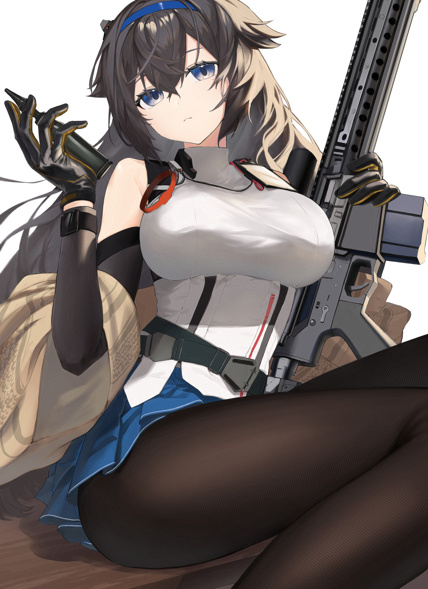 1girl absurdres ar-10 battle_rifle black_pantyhose blue_eyes breasts commission expressionless girls'_frontline gloves gun hair_flaps head_tilt highres holding holding_gun holding_weapon iitenkidesune large_breasts long_hair pantyhose rifle skeb_commission sniper_rifle solo super_sass super_sass_(girls'_frontline) super_sass_(mod3)_(girls'_frontline) thick_thighs thighs very_long_hair weapon