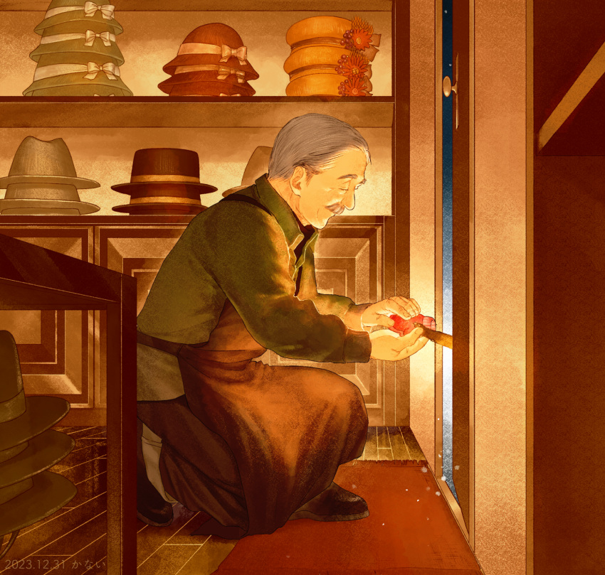 1boy animal_hands apron brown_theme closed_eyes dated facial_hair grey_hair hat highres indoors kanai_(nai_nai) kneeling long_sleeves mittens mustache old old_man original rug short_hair smile solo