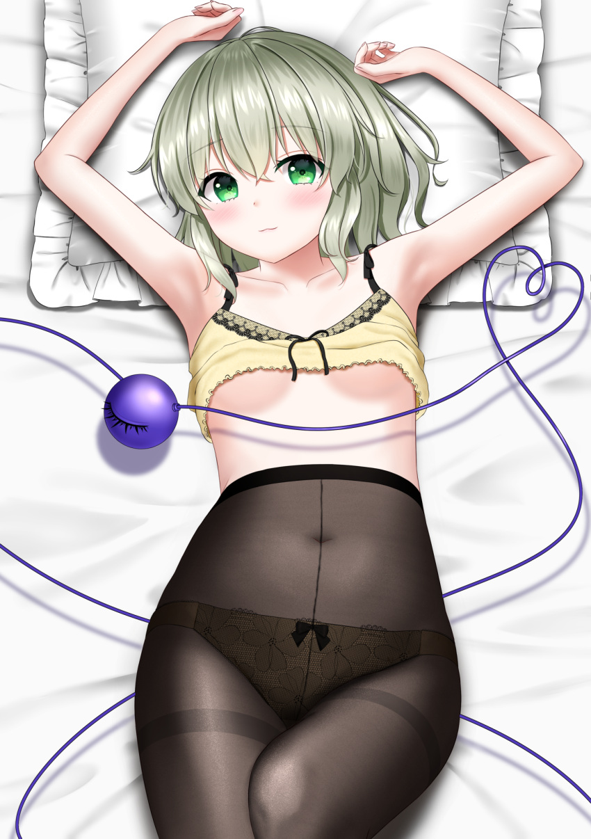 1girl :3 alternate_costume armpits arms_up black_pantyhose blush bow bow_panties breasts casual closed_mouth clothes_lift collarbone commentary_request commission covered_navel cowboy_shot drop_shadow eyelashes floral_print from_above green_eyes green_hair hair_between_eyes head_on_pillow heart heart_of_string highres knee_up komeiji_koishi looking_at_viewer lying medium_hair no_bra no_headwear nyanyanoruru on_back panties panties_under_pantyhose pantyhose pillow pixiv_commission shirt shirt_lift sleeveless sleeveless_shirt small_breasts smile solo thighband_pantyhose third_eye touhou underboob underwear yellow_shirt