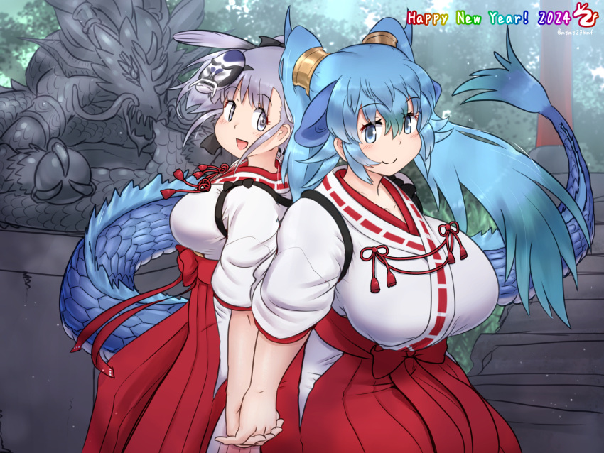 2024 2girls animal_ears blue_eyes blue_hair blush bow breasts chihaya_(clothing) chinese_zodiac dragon_girl dragon_tail fins fish_girl grey_eyes grey_hair hair_between_eyes hakama hakama_skirt highres holding_hands huge_breasts japanese_clothes jinmen-gyo_(kemono_friends) kemono_friends kemono_friends_3 kimono large_breasts long_hair looking_at_viewer mask mask_on_head miko mo23 multicolored_hair multiple_girls red_hakama ribbon ribbon-trimmed_sleeves ribbon_trim seiryuu_(kemono_friends) short_hair skirt smile tail twintails white_kimono year_of_the_dragon