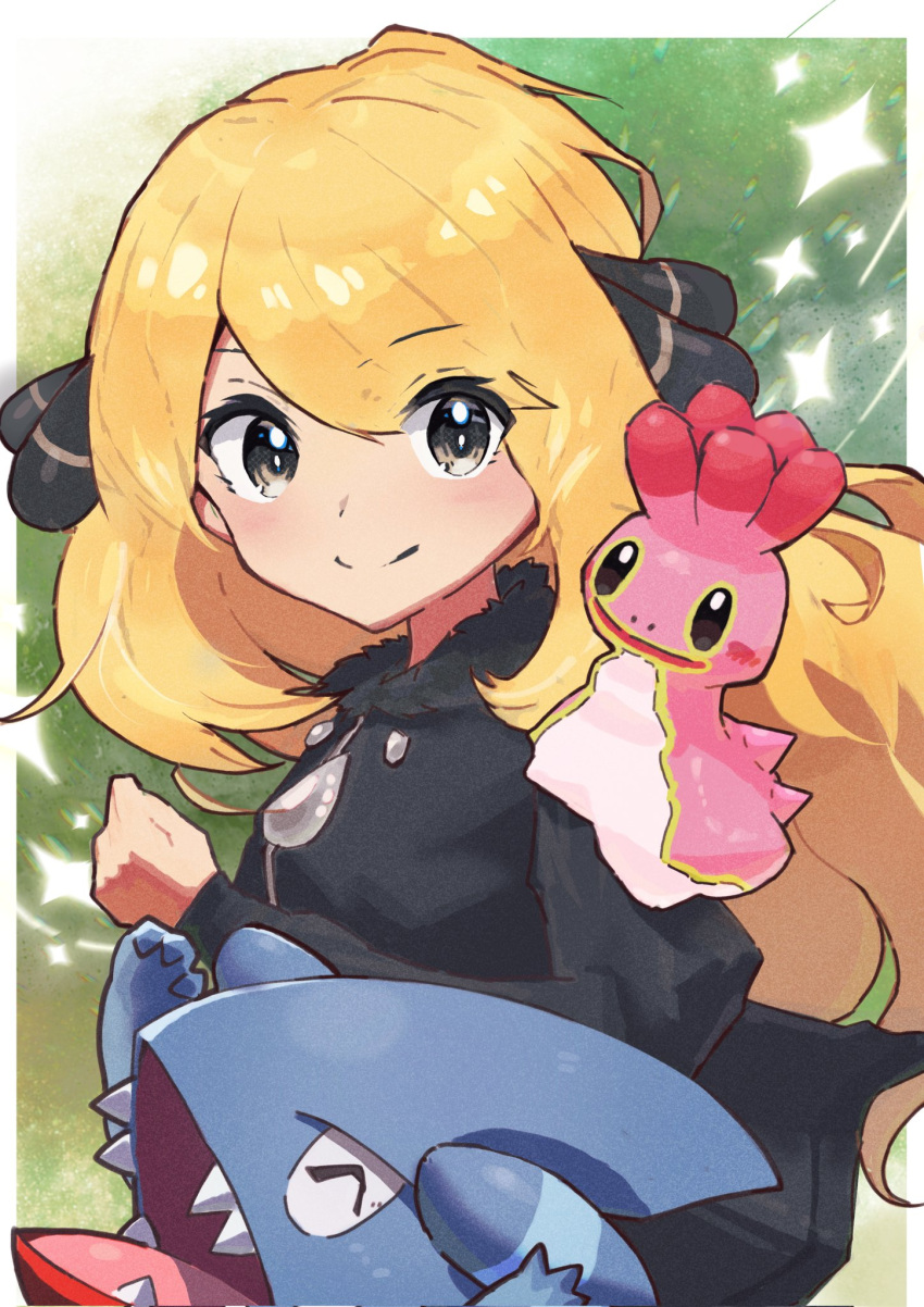 1girl aged_down arc_draws blonde_hair closed_mouth cynthia_(pokemon) eyes_visible_through_hair fur_collar gible grey_eyes hair_ornament highres long_hair long_sleeves mixed-language_commentary on_shoulder pokemon pokemon_(creature) pokemon_dppt pokemon_on_shoulder shellos shellos_(west) slug smile solo sparkle split_mouth