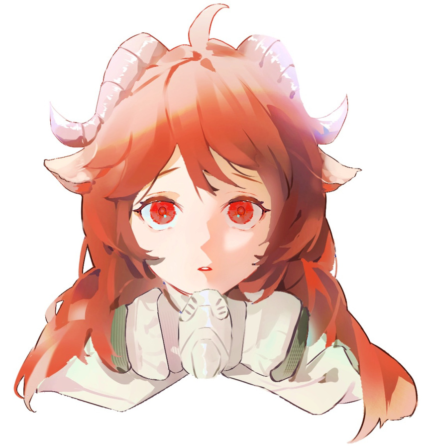 1girl animal_ears arknights cape chinese_commentary commentary_request cowlick cropped_head eoo_eewei eyjafjalla_(arknights) goat_ears goat_girl goat_horns horns long_hair looking_at_viewer parted_lips portrait red_eyes red_hair simple_background solo straight-on white_background white_cape