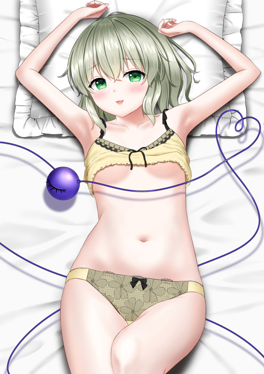 1girl :3 alternate_costume armpits arms_up blush bow bow_panties breasts casual clothes_lift clothes_pull collarbone commentary_request commission cowboy_shot drop_shadow eyelashes floral_print from_above green_eyes green_hair hair_between_eyes head_on_pillow heart heart_of_string highres knee_up komeiji_koishi looking_at_viewer lying medium_hair navel no_bra no_headwear nyanyanoruru on_back open_mouth panties pillow pixiv_commission shirt shirt_lift sleeveless sleeveless_shirt small_breasts smile solo stomach third_eye touhou underboob underwear variant_set yellow_panties yellow_shirt