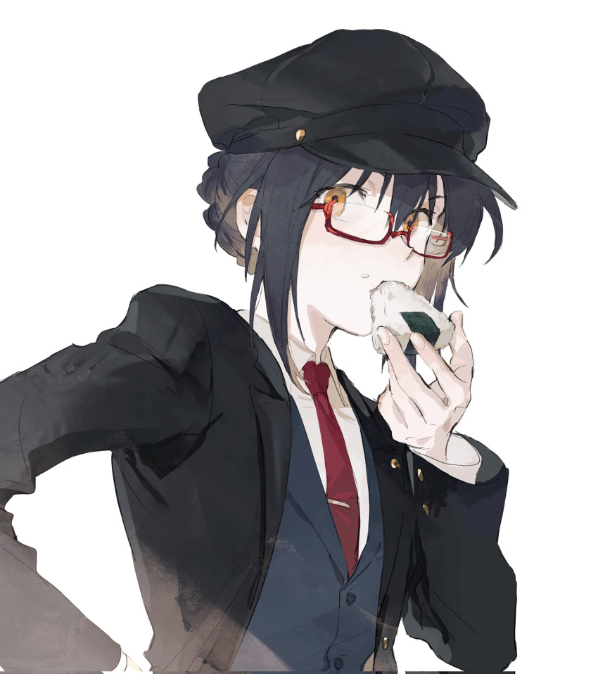 1other androgynous black_hair black_headwear black_jacket blue_vest braid braided_bun cabbie_hat eating fate/grand_order fate/samurai_remnant fate_(series) food food_on_face glasses hair_bun hand_on_own_hip hat highres holding holding_food jacket mimulishizi necktie official_alternate_costume official_alternate_hairstyle onigiri red-framed_eyewear red_necktie rice rice_on_face saber_(fate/samurai_remnant) sidelocks simple_background suit_jacket tie_clip vest white_background yellow_eyes