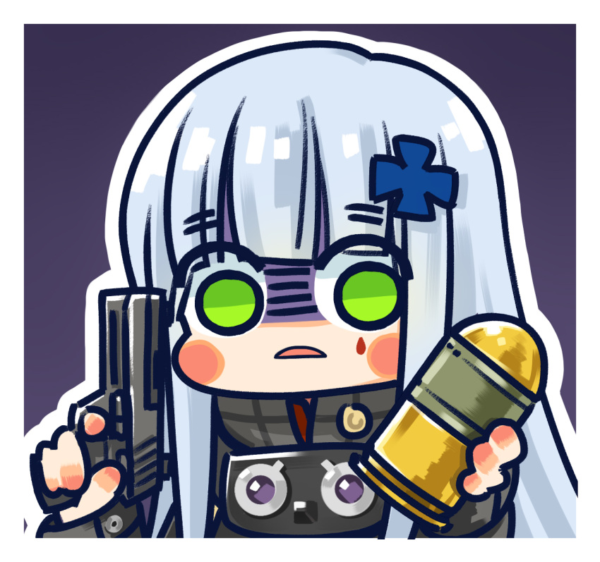 1girl black_jacket blunt_bangs blush_stickers chibi chinese_commentary commentary_request cross cross_hair_ornament explosive finger_on_trigger frown girls'_frontline green_eyes grenade grey_hair gun hair_ornament hands_up highres hk416_(girls'_frontline) holding holding_grenade holding_gun holding_weapon iron_cross jacket long_hair looking_at_viewer official_art parted_lips purple_background shaded_face simple_background solo su_xiao_jei teardrop_facial_mark upper_body very_long_hair weapon