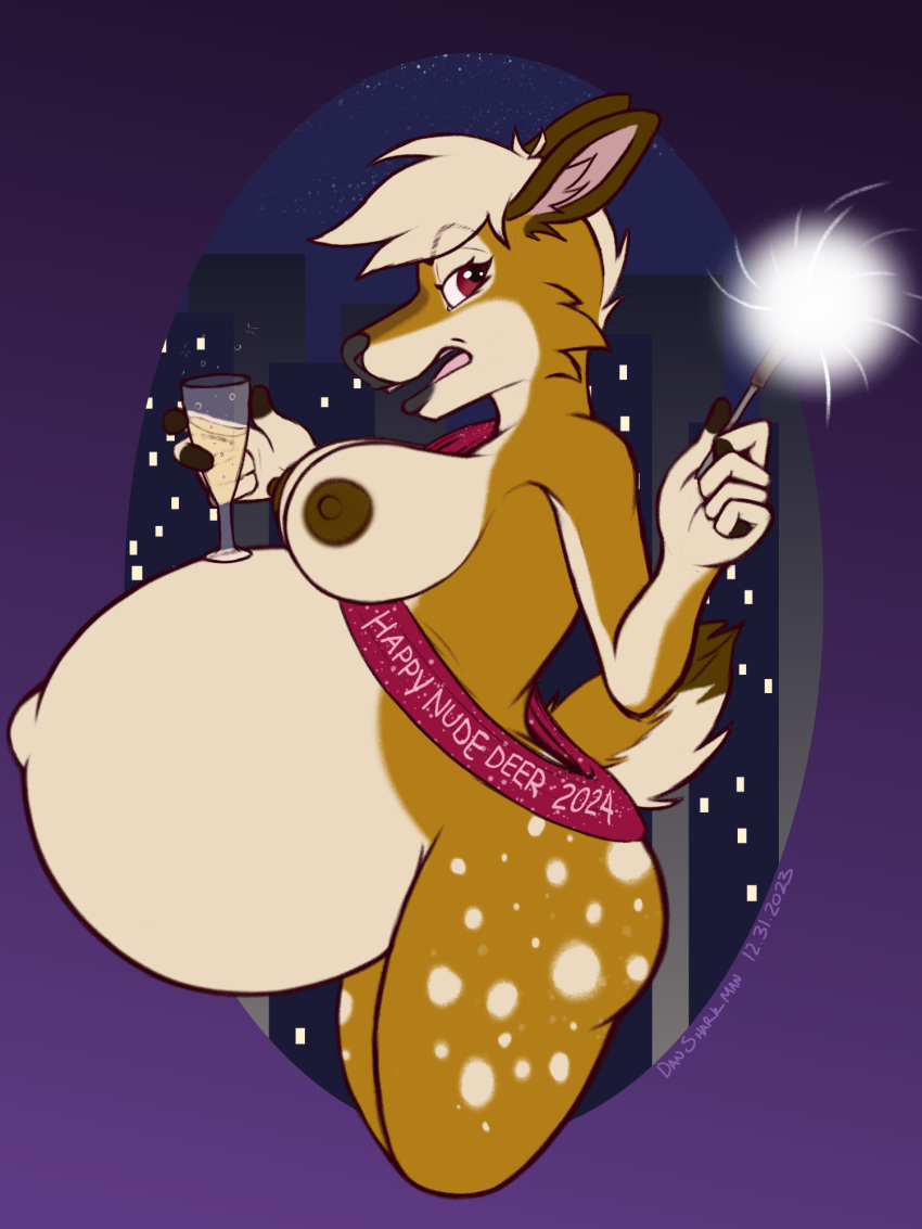 2023 annoyed anthro areola banner belly bevarage big_belly black_nipples blonde_hair breasts brown_areola brown_body brown_nipples city city_background colored dansharkman deer digital_media_(artwork) female flat_colors hair hi_res holidays huge_belly humor mammal navel new_year nipples nude outie_navel pregnant pregnant_female solo sparkler speckled_body tan_belly tan_breasts white_body