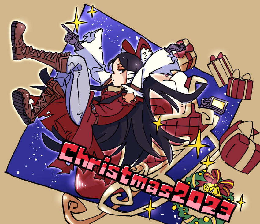1girl 2023 arms_up bell belt black_eyes black_hair boots bow box brown_background brown_belt brown_footwear christmas christmas_wreath closed_mouth coat commentary_request cookie_(touhou) detached_sleeves expressionless full_body gift gift_box gloves gram_9 grey_gloves grey_pants hair_bow hakurei_reimu highres lantern long_hair looking_at_viewer looking_to_the_side pants pointing red_bow red_coat scar scar_across_eye sidelocks sleeveless sleeveless_coat sleigh solo sparkle torn_clothes torn_sleeves touhou white_sleeves wreath yuki_haruka