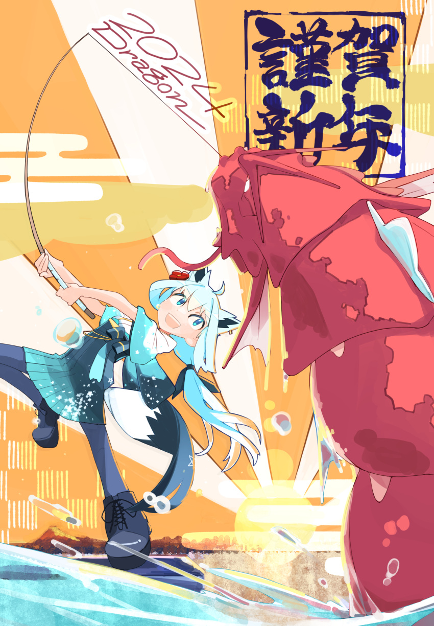 1girl 2024 :d ahoge animal_ears black_footwear black_pantyhose blue_eyes boots chinese_zodiac commentary_request egasumi fishing fishing_rod flower fox_ears fox_girl fox_tail gyarados hair_flower hair_ornament highres holding holding_fishing_rod hololive long_hair low_ponytail misono_denpachi pantyhose pokemon pokemon_(creature) shirakami_fubuki shirakami_fubuki_(new_year) smile solo standing standing_on_one_leg tail virtual_youtuber water white_hair year_of_the_dragon