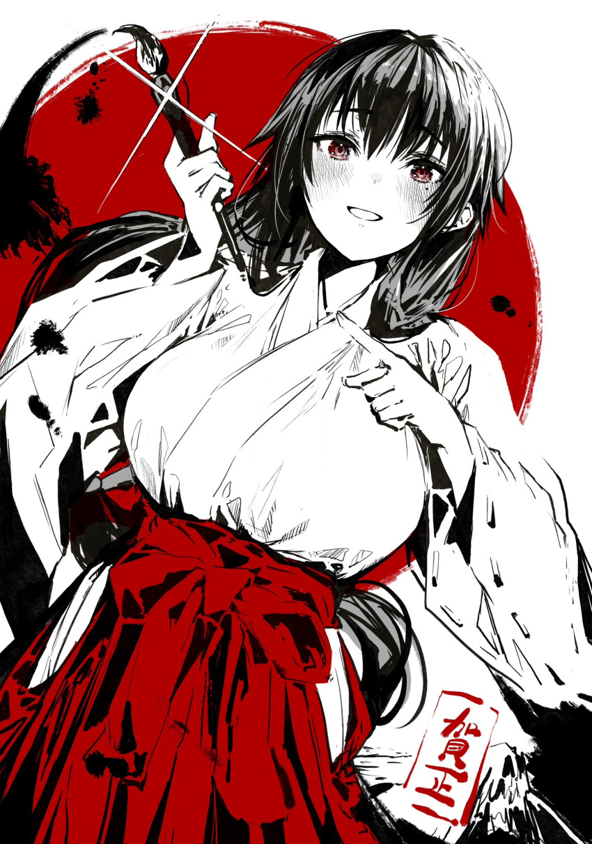 1girl blush breasts brush_stroke commentary_request cowboy_shot dutch_angle gibagiba glint hakama highres hip_vent holding holding_paintbrush japanese_clothes kosode large_breasts long_hair looking_at_viewer miko mole mole_under_eye monochrome original paintbrush pointing red_background red_eyes red_hakama red_theme ribbon-trimmed_sleeves ribbon_trim smile solo