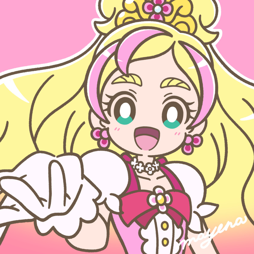 1girl blonde_hair blush bow bright_pupils choker collarbone cure_flora earrings eyelashes flower_choker gloves go!_princess_precure gradient_hair green_eyes haruno_haruka highres jewelry long_hair looking_at_viewer magical_girl mayena multicolored_hair open_mouth outline outstretched_hand pink_background pink_bow pink_hair precure puffy_short_sleeves puffy_sleeves short_sleeves signature simple_background smile solo streaked_hair thick_eyebrows tiara upper_body white_gloves white_outline white_pupils