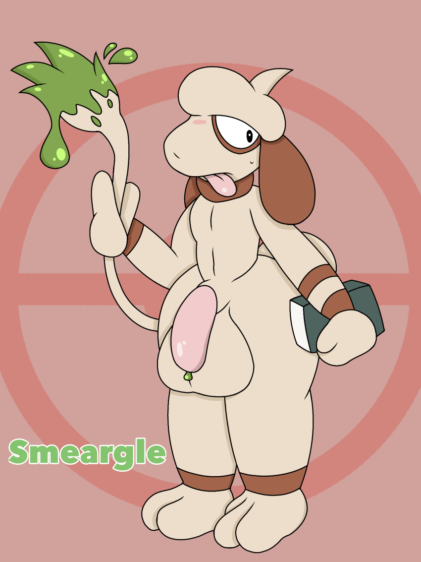 anthro balls big_balls big_penis blush brown_body brown_fur eye_ring fennicdafox floppy_ears fur generation_2_pokemon genitals green_paint green_precum hi_res looking_back male nintendo paint penis pink_penis pokemon pokemon_(species) smeargle solo tan_body tan_fur thick_thighs tongue tongue_out