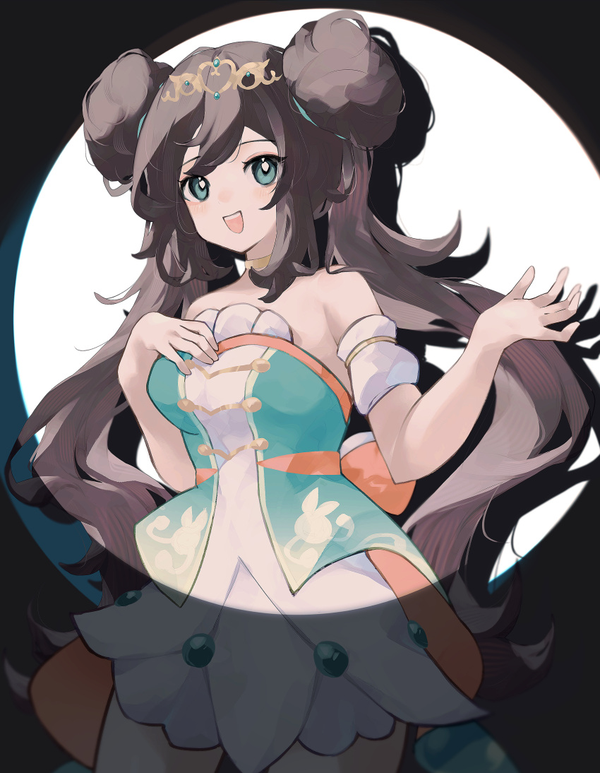 1girl absurdres asatte_3z bare_shoulders breasts brown_hair cowboy_shot double_bun dress drop_shadow hair_bun hand_on_own_chest highres looking_at_viewer official_alternate_costume pokemon pokemon_masters_ex rosa_(champion)_(pokemon) rosa_(pokemon) solo strapless strapless_dress tiara