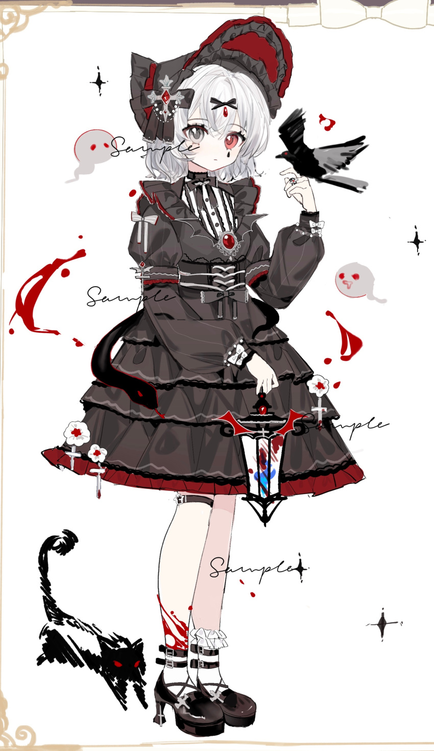 1girl absurdres ankle_socks bat_wings belt belt_buckle bird bird_on_hand black_belt black_bow black_bowtie black_cat black_choker black_dress black_footwear black_headwear black_sleeves blood blood_drop blood_on_leg bonnet bow bowtie buckle buttons cat center_frills chest_jewel chinese_commentary choker closed_mouth collared_dress commentary_request commission cross-laced_footwear cross_hat_ornament crow dress expressionless eyelashes frilled_dress frilled_headwear frilled_socks frills full_body gem ghost gothic_lolita grey_bow grey_eyes hair_bow heterochromia high_heels highres holding holding_lantern jewelry lantern leg_belt lolita_fashion long_sleeves looking_at_viewer marking_on_cheek medium_dress medium_hair orange_eyes original ornate_border outstretched_hand puffy_long_sleeves puffy_sleeves red_eyes red_gemstone red_headwear ring sample_watermark shi_maomaosha shirt simple_background sleeve_bow socks solid_eye solo striped striped_bow striped_shirt teardrop_facial_mark two-sided_fabric two-sided_headwear two-tone_shirt v-shaped_eyes vertical-striped_shirt vertical_stripes waist_bow watermark white_background white_bow white_hair white_shirt white_socks wings wrist_bow