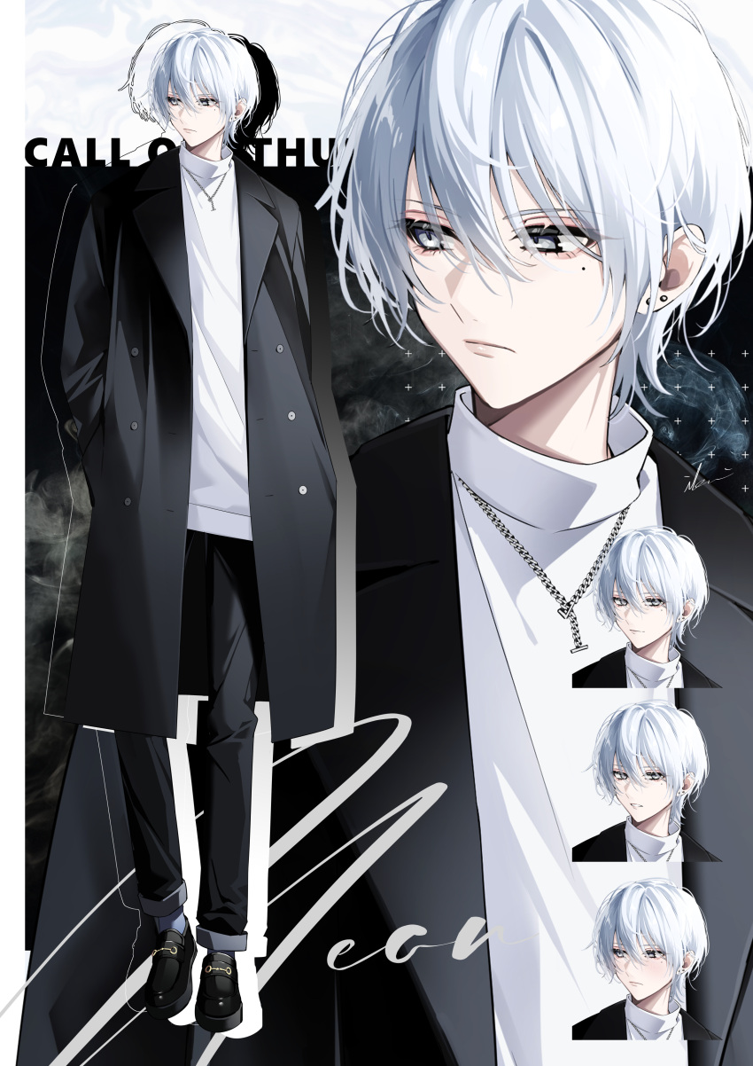 1boy absurdres black_background black_coat black_footwear black_pants boots chain_necklace closed_mouth coat earrings expressionless full_body grey_background grey_eyes grey_hair highres ikurikaito jewelry male_focus mole mole_under_eye multicolored_background multiple_earrings necklace original pants shirt short_hair turtleneck white_shirt