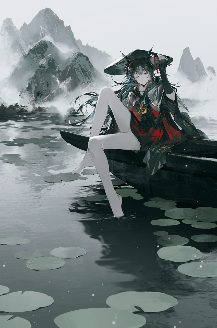 1girl ajirogasa arknights bare_legs barefoot black_cloak black_dress black_hair black_headwear black_horns black_sleeves blue_hair blue_tail blurry blurry_background boat ch'en_(arknights) ch'en_the_holungday_(arknights) ch'en_the_holungday_(ten_thousand_mountains)_(arknights) cheonyeon-hi cloak closed_mouth collarbone colored_inner_hair colored_skin day depth_of_field detached_sleeves dragon_girl dragon_horns dragon_tail dress expressionless eyelashes feet floating_hair fog from_side full_body grey_sky hair_between_eyes hair_flowing_over hand_on_headwear hand_up hat highres horns knees lake leg_up legs lily_pad long_hair long_sleeves looking_down mountain mountainous_horizon multicolored_hair one_eye_closed outdoors pleated_dress reflection reflective_water scales short_dress sitting sky sleeves_past_wrists soaking_feet solo tail toes two-tone_hair very_long_hair water watercraft white_skin