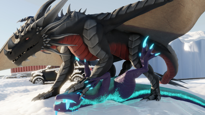3d_(artwork) arceronth_(character) black_body blender_(software) blue_body blue_eyes claws digital_media_(artwork) dinosaur dragon dromaeosaurid duo female female_penetrated feral genitals glowing glowing_eyes hi_res horn knot looking_pleasured male male/female male_penetrating male_penetrating_female niko_stargazer nikostargazer open_mouth penetration pinned pinned_to_ground red_eyes reptile scalie sex tail teeth theropod tongue vaginal vaginal_penetration western_dragon wings