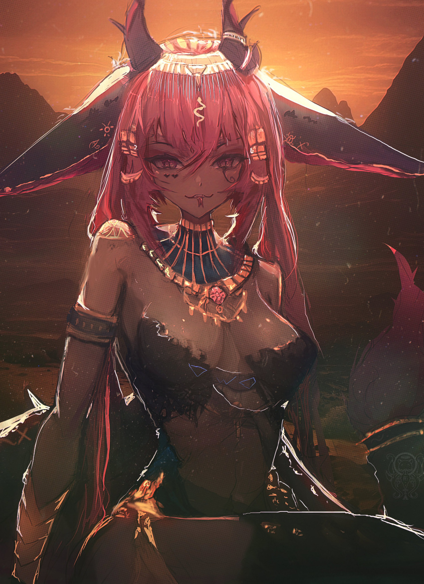 1girl :3 absurdres animal_ears armlet bangle bare_shoulders bracelet breasts brooch circlet desert dragon_ears dragon_girl dragon_horns egyptian egyptian_clothes facial_mark facial_tattoo forked_tongue hair_between_eyes hair_ornament heart heart_facial_mark highres horns indie_virtual_youtuber jewelry long_hair looking_at_viewer midriff multicolored_hair pink_eyes pink_hair revealing_clothes sidelocks slit_pupils snake_hair_ornament solo stomach sunset tail taku_artworks tattoo tongue tongue_out trickywi two-tone_hair upper_body usekh_collar v-shaped_eyebrows virtual_youtuber wings