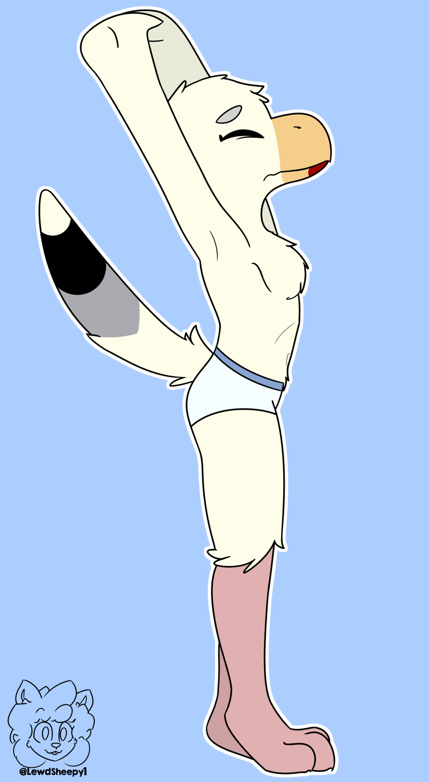 3_toes absurd_res anthro avian beak bird breasts clothing eyes_closed feathers female fur gull hi_res lari larid non-mammal_breasts panties side_boob side_view sleepysheepy17 solo stretching tail_feathers toes underwear white_body white_fur