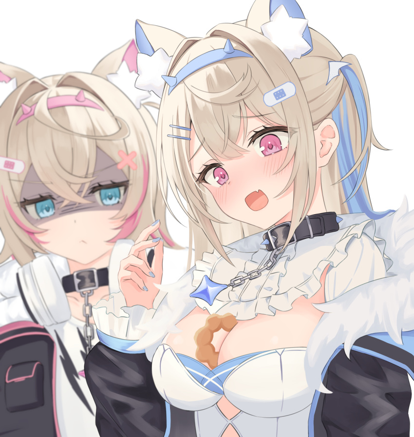 2girls animal_ear_fluff animal_ears bandaid bandaid_hair_ornament belt_collar between_breasts black_collar black_jacket blue_eyes blue_nails blush breast_envy breasts cleavage cleavage_cutout clothing_cutout collar cropped_jacket cropped_shirt dog_ears dog_girl doughnut dress fang food food_between_breasts fur-trimmed_jacket fur_trim fuwawa_abyssgard fuwawa_abyssgard_(1st_costume) hair_ornament hairpin headphones headphones_around_neck highres hololive hololive_english jacket large_breasts long_hair medium_hair melvis mococo_abyssgard mococo_abyssgard_(1st_costume) multiple_girls nail_polish open_mouth pink_eyes pon_de_ring shaded_face shirt siblings sidelocks sisters skin_fang spiked_collar spikes twins two_side_up virtual_youtuber white_dress white_shirt x_hair_ornament
