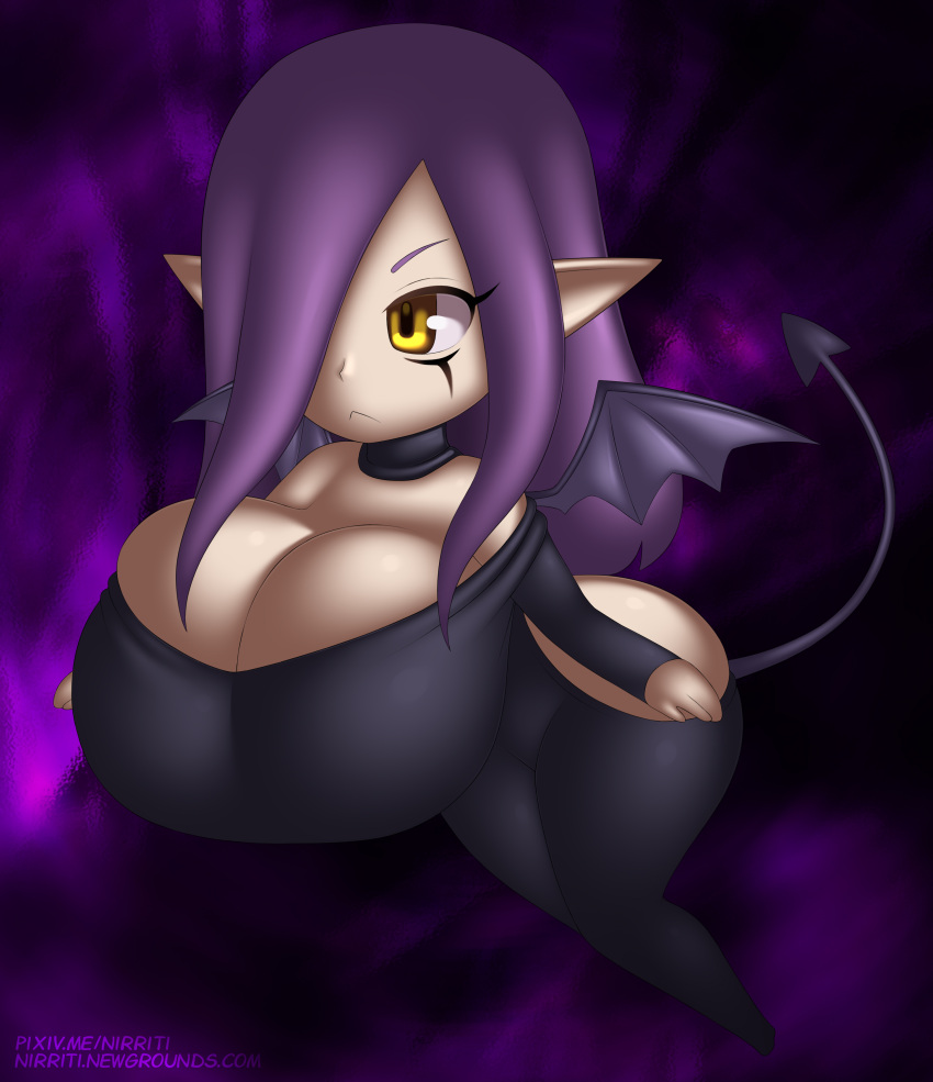 absurd_res amber_eyes bat_wings big_breasts big_butt black_clothing black_dress breasts butt cleavage clothed clothing curvy_figure digital_drawing_(artwork) digital_media_(artwork) dress female hair hair_over_eye hi_res hourglass_figure huge_breasts huge_thighs humanoid humanoid_pointy_ears long_hair looking_away membrane_(anatomy) membranous_wings monster monster_girl_(genre) monstrous_humanoid nirriti one_eye_obstructed original_content purple_hair shaded short_stack solo spandex spandex_suit succubus succubus_nirriti succubus_tail thick_thighs tight_clothing tight_dress wide_hips wings