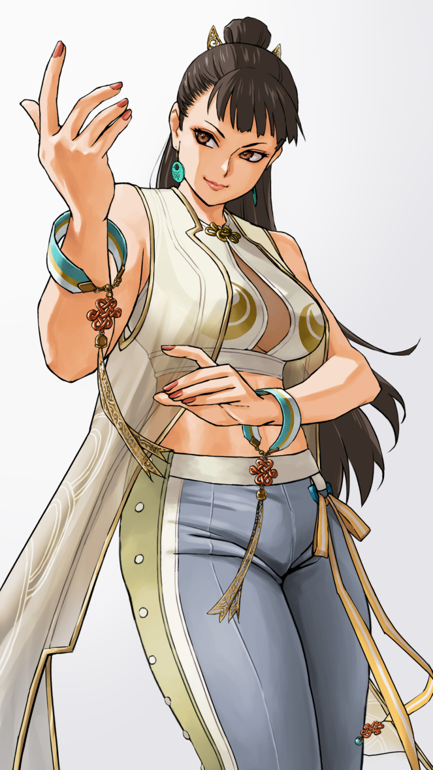 1girl bracelet breasts brown_eyes chun-li commentary_request earrings highres jewelry large_breasts long_hair looking_at_viewer nail_polish navel official_alternate_costume pants smile solo street_fighter street_fighter_6 white_background x_chitch