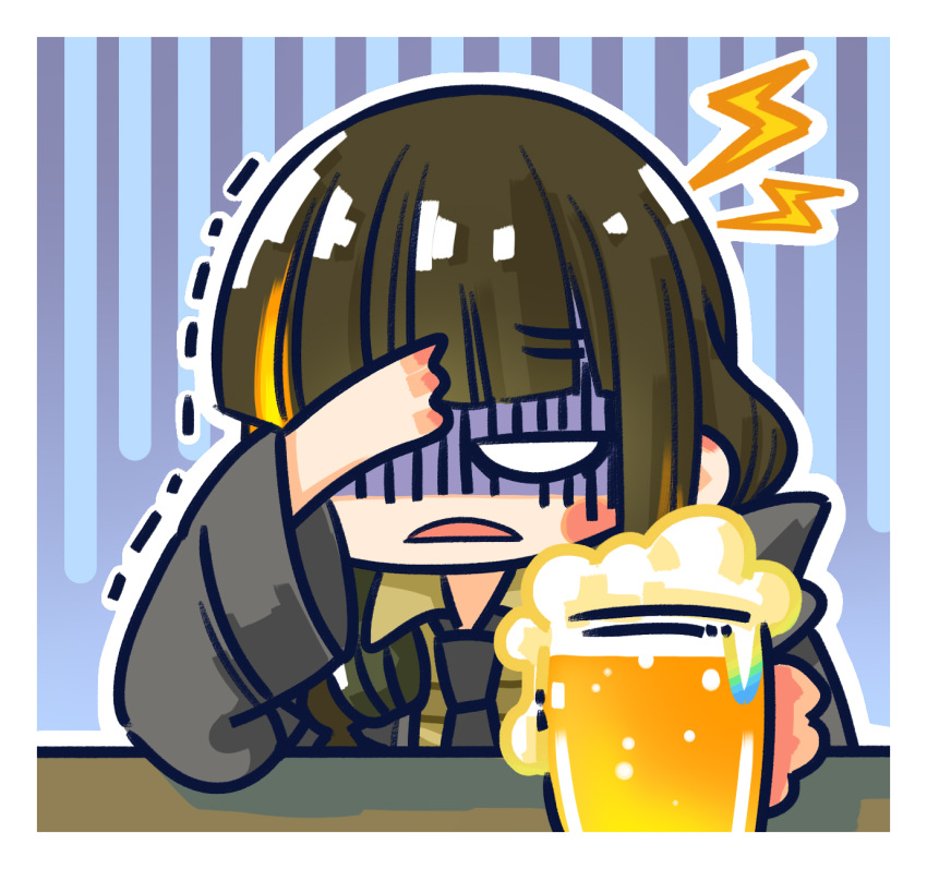 1girl alcohol arms_on_table beer beer_mug black_hair black_jacket black_necktie blank_eyes blonde_hair blue_background blush_stickers chibi chinese_commentary commentary_request cup frown girls'_frontline gloom_(expression) hangover headphones headphones_around_neck highres jacket long_hair m16a1_(girls'_frontline) mug multicolored_hair necktie official_art open_mouth shaded_face shirt simple_background solo streaked_hair su_xiao_jei trembling upper_body yellow_shirt