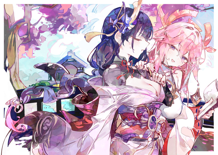 2girls :d absurdres blue_sky breasts cleavage closed_eyes cocoballking day genshin_impact highres japanese_clothes kimono long_braid long_hair long_sleeves medium_breasts multiple_girls obi open_mouth outdoors pink_hair purple_eyes purple_hair purple_kimono raiden_shogun red_sash sash shirt sky smile tree upper_body very_long_hair white_shirt wide_sleeves yae_miko